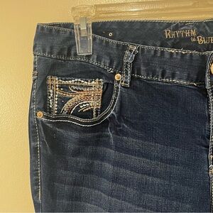 Rhythm in Blues Embroidered, low-rise dark blue stretch jeans